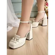 Women's 1950s Vintage Chunky Heel Platform Loafers – Cream Faux Leather Round Toe Pumps with Pearl Tassel and Ankle Strap for Weddings, Parties, and Formal Eve