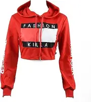 [U-WARDROBE] Casual Hoodie Literal Printing Sport Crop Top Sweatshirt Jumper Pullover Tops Red S