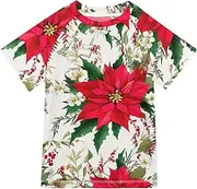 [ODAWA] Kids Swim Shirts Red Poinsettias UPF 50+ Protection Swim Tee Kids Top for Boys Girls Size 3T-12T