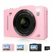 Digital Camera 4K 48MP FHD Kids Point Shoot 16X Zoom 32G Card Anti Shake Compact small Birthday Gift Teens Beginners Pink