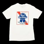 NEW Pabst Blue Ribbon PBR Beer Men's White Logo Cotton T-Shirt Medium M