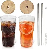 Set of 2 Glass Cups with Lid and Straws, 700 ml Cocktail Glasses Set, Long Drink Glass with Lid, Drinking Glasses with 2 Straws / 1 Brush for Water for Bubble Tea, Smoothies, Juice
