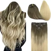 DOORES Clip in Hair Extensions Real Human Hair, Ombre Ash Brown to Platinum Blonde Straight 120g 7pcs 20 Inch Real Hair Extensions Clip in Human Hair Remy Natural Hair Extensions Straight