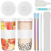 UHAPEER 2 Pack Reusable Boba Cup Bubble Tea Cups, 24 oz Glass Boba Tumbler Smoothie Cups with Lids and Straws, Silicone Sleeve, Mason Jar Iced Coffee Cup, Reusable Glass Juicing Smoothie Bottles