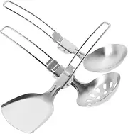 GALPADA 3pcs Portable Stainless Steel Camping Utensil - Foldable Cooking Spatula Spoon Ladle - Outdoor Travel Kitchenware for Hiking Picnic BBQ Backpacking