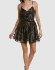 $295 Aidan Mattox Women's Black Pleated Metallic Cocktail Dress Size 12