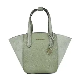 【Michael Kors】MICHAEL KORS Portia金字LOGO牛皮拼接麂皮開口式手提/肩背托特包(小/軍綠)