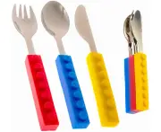 Set of 3 Interlocking Block Kids Silverware - Toddler Fork and Spoon Set with Toddler Knife