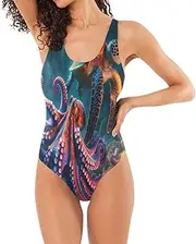 [RPLIFE] Phoenix Surrounded by Flames Athletic Swimsuit, Open Back Swimsuit, One-Piece Swimsuit with Padding, Turtle Octopuses Undersea, Large