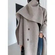 Scarf Neck Plain Midi Button Tie Front Coat Light Gray - M