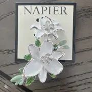 NEW Napier Beautiful White Flower Silver Tone Brooch Pin with Rhinestones