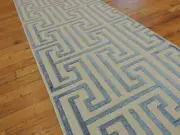 2x12 Modern Abstract Geometric SILK RUNNER Rug wool Blue Stripe Ivory Cream