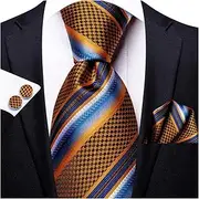 [VSOLS] Men's Blue Black Striped Tie 3.4" Tie Pocket Square Cufflinks Wedding Party Silk Tie Set (Color : SN-3394, Size : 59.06 * 3.35in)