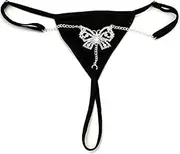 [Generic] Butterfly Pendant Back Waist Chain Thong Panties Adjustable Black Thong Panties Party Rave Rhinestone G String Jewelry for Women