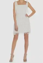 $195 Aidan Mattox Women's White Fringe Detail Crepe Cocktail Dress Size 8