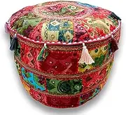 Indian Embroidered Patchwork Ottoman Cover,Indian Decorative Pouf Ottoman,Indian Comfortable Floor Cotton Cushion Ottoman Pouf,Indian Home Decorative Handmade Vintage Pouf Ottoman (Cover Only) (Red)