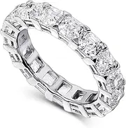[ORO LEONI] 925 Sterling Silver Rhodium Plated with 4mm Asscher Cut Finest Cubic Zirconia Stones Stackable Band Ring