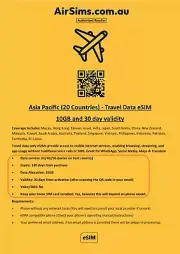 Asia Pacific Travel Data eSim (20 Countries) 10GB with 30day validity AirSims