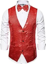 [HEYDHSDC] Men'S Gold Sequin Vest Single-Breasted V-Neck Sleeveless Vests Coat,Wedding Party Waistcoat Red Xxl