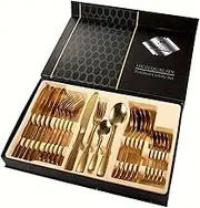 Kitchen Gold Cutlery Set 30 Pieces,Stainless Steel Flatware Utensils,Knives Spoon Forks Set Gift with Box for Wedding,Parties,Evens,Home,Thanksgiving,Christmas