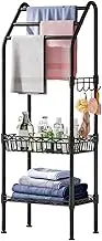 Uptyia Freestanding 3-Tier Bath Towel Rack,Metal Towel Rail with Storage Basket and Shelf,Adjustable Bathroom Storage Organizer for Swimming Pool,Bathtub (40 x 29 x 130 CM, with Storage Basket)