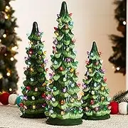 Best Choice Products Set of 3 Ceramic Christmas Trees, Pre-Lit Hand-Painted Tabletop Holiday Decoration w/Multicolor Bulbs, Battery-Operated LED Lights – Green