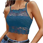 [Generic] Lace Bralette for Women Top High Neck Camisoles Racerback Double-Layered Crop Solid Sexy Sheer Navel Baring Sling, Dark Blue, Small