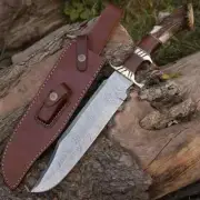 Handmade Damascus Steel Bowie Knife. Stag Horn/Antler,with Leather sheath