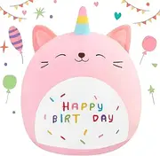 SQEQE Happy Birthday Stuffed Animal 10 Inch Cat Soft Toys Cute Plush Pillow Unicorn Cat Soft Plush for Kid Girl Boy Pink 25 cm