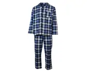 Mens Plus Size Flannelette Pyjamas 100% Cotton PJs Set Top Pants in Blue Check