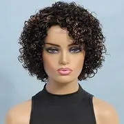 UDU #1b 30 Human Hair Wigs, Ombre Human Hair Wigs for Black Women Afro Kinkys Curly Human Hair Wig 8inch Black Brown Wig