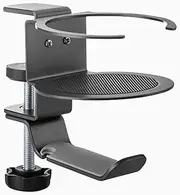Desky Desk Drink & Headphone Holder â€“ Clamp-On Dual Cup Holder with Headset Hanger, Under Desk Mount, Space-Saving Steel Organizer for Gaming & Office Setup - Space Grey