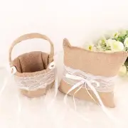 Natural Burlap Flower Girl BASKET Ring Bearer PILLOW White Lace Wedding Party