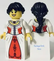 NEW Lego Red White Dress FEMALE MINIFIG Kingdoms Castle Princess Dark Brown Hair