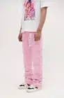 Flared Men’s Pink Stacked Denim Jeans – Streetwear Patch Work Design Size: 34