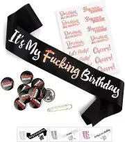 27pcs Birthday Sash, Buttons and Tattoos Kit - Rose Gold Birthday Set for Women
