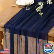 DeZerlor Navy Blue Cheesecloth Table Runner 4 Pack Boho Gauze Summer Table Ru