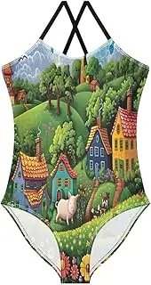 [RPLIFE] Whimsical Farm Scene Girl Bathing Suits 3-10T Girls Athletic Swimsuit, Beach Swimsuit Girls