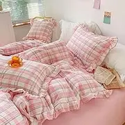 Ruffle Check Quilt Cover Set Double, Lightweight Microfiber French Farmhouse Checkered Gingham Printed Boho Frills Quilt Cover, Shabby Chic Plaid Bedding Set with Pillowcases Pink Double