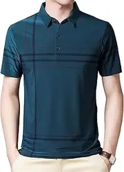 [PHJTOMK] Mens Dry Performance Golf Shirts Athletic Collared Shirt Geometry Striped Print Moisture Wicking Polo Shirts, Blue 2, Large