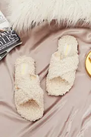 White Plus Borg Fluffy Teddy Crossover Slider Slippers