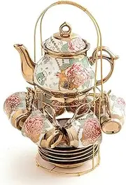 CHANJOON Gold Plated Red Rose Ceramic Tea Set, Vintage Tea Set with Teapot, Beautiful Tea Set Coffee Serving 6 People