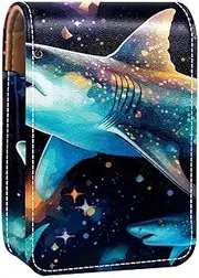 Lipstick Case,Leather Lip Gloss Lipstick Organizer with Mirror,Mini Lipstick Holder Bag,Colorful Shark Fish Art Illustration