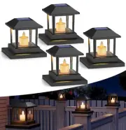 4 Pack Solar Post Lights Outdoor with 3D Flickering Candle Wick, Solar Post C...