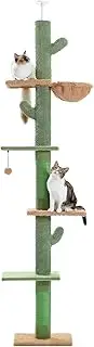 PAWZ Road Floor to Ceiling Cactus Cat Tree for Indoor Cats, Tall Cat Tower [229CM-275CM] Adjustable, Cat Climbing Tree with Cat Scratching Post, Hammock, Dangling Ball Toy,Green