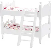 Dollhouse Accessories Doll Bunk Bed 1:12 Scale Wooden Dollhouse Bed with Ladder and Floral Beddings DIY Realistic Doll Bed Dolls House Furniture White