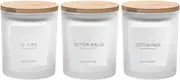 Ezebesta 3PCS Modern 400ml Transparent Bathroom Canisters with 12 Labels & Wooden Lid Thick Glass Jar Set Qtip Holder for Cotton Ball & Pads Storage Organization Minimalist Decor