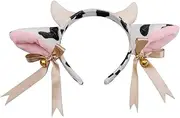 Cow Ears and Horns Headband Bow Ribbon Bells Headwear Elastic Hair Hoop For Party Animal Cosplay Costume