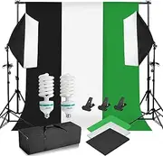 YISITONG Studio Continuous Lighting Kit Softbox Kit Background Set - 2 Softbox + 10*5.2ft Backdrops(Black White Green) + 6.6*6.5ft Background Support + Light Stand + 2x 135W 5500K Bulbs + Portable Bag