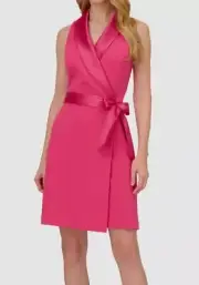 Adrianna Papell Women's Pink Crepe Tuxedo Short Faux Wrap Dress Size 12
